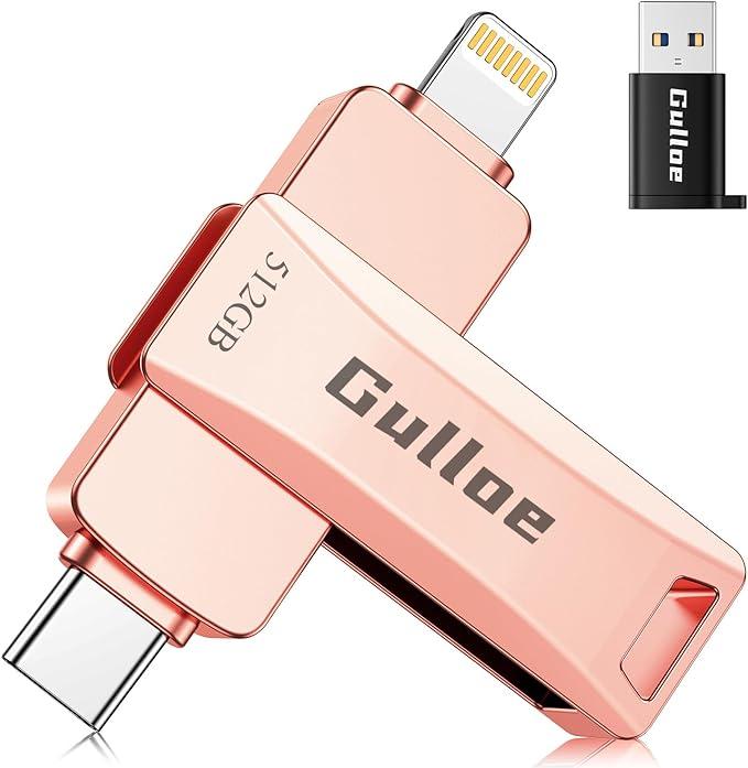 Gulloe 512GB iPhone Flash Drive for Photos, Memory Stick Storage File Backup, Compatible with iPhone iPad Android PC, Plug and Play, No Application Required (Rose Gold)