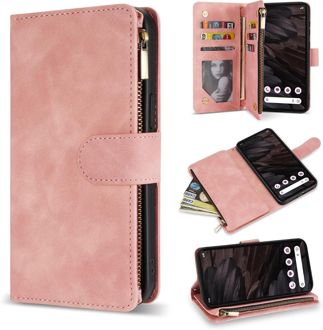 ZZXX for Google Pixel 7A Case Wallet with RFID Blocking Card Slot Premium Soft PU Leather Zipper Flip Folio with Wrist Strap Kickstand Protective Cover for Google 7A Wallet Case(6.1 inch Pink)