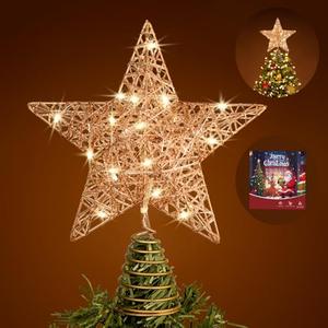 Christmas Star Tree Topper, 10 in Santa Gift Rose Gold Wire Glitter Tree Top for Christmas Tree Decorations, 20 LED Lights Metal Treetop Xmas Decor for Indoor Office New Year Holiday Tree Decoration