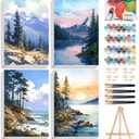 Fountor 4 Pack Framed Paint by Numbers Kit for Adults Beginners with Wooden Easel, DIY Landscape Arts and Crafts for Adults, Painting by Numbers for Home Wall Decor, 8x12 inch (LOP-4P-1101)