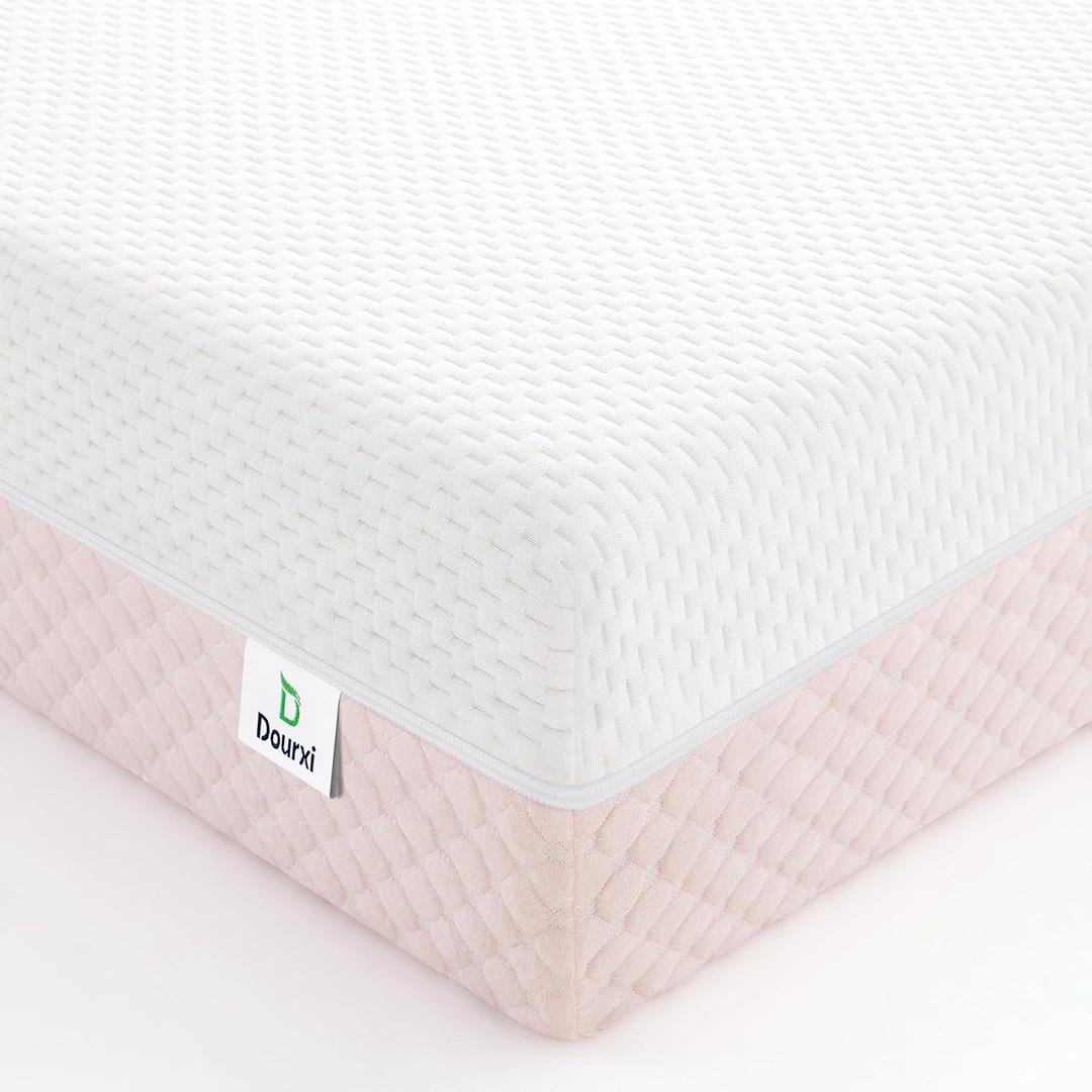 Dourxi Crib Mattress, Dual Sided Comfort Memory Foam Toddler Bed Mattress, Triple-Layer Breathable Premium Baby Mattress for Infant and Toddler w/Removable Outer Cover - White&Pink