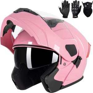 Adult Modular Motorcycle Helmets, DOT Approved Flip up Dual Visor Full Face Helmet for Men Women Moto ATV UTV Snowmobile ADV Four Wheeler Street Bike with Gloves & Mask, Medium