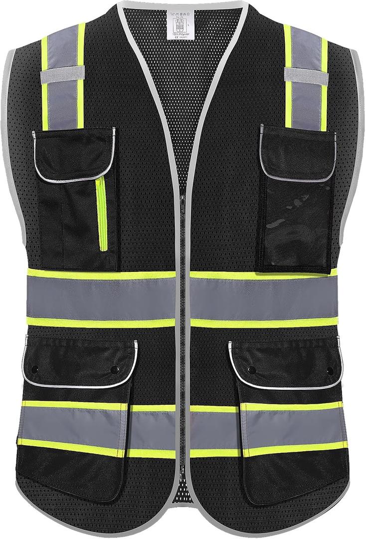 2 x High Visibility Safety Vest - Reflective Breathable Mesh with 9 Pockets, Front Zipper for Men & Women - Meets ANSI/ISEA Standards