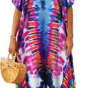 CHICGAL Kaftan Dresses for Women Oversized Long Batwing Sleeve Caftan V Neck Beach Cover Ups Summer Maxi Dress (Purple Aperture, One Size)
