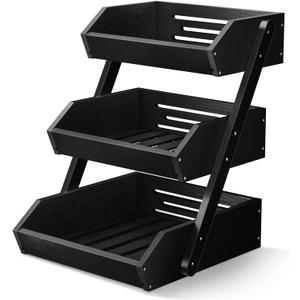 G.a HOMEFAVOR Large Bamboo Fruit Basket, 3 Tier Fruit Bowl for Kitchen Counter, Fruit Holder for Kitchen Countertop, Snack Fruit Vegetable Storage Basket Stand (BLACK)