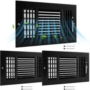 Zonon 3 Pcs 6 x 10 Inch Air Ceiling Vent Covers 3 Way Sidewall Wall Ceiling Register Air Conditioner Vent Cover Solid Steel HVAC for Home, Bathroom, Office, Toilet (Black)