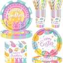 125PCS Easter Party Supplies Set, Happy Easter Bunny Egg Disposable Paper Plates Tableware Serve 25 Guests, Easter Dinner Plates 9" Dessert Plates 7" Cups Napkins Straws