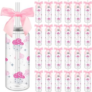 Honeydak 24 Pcs Western Cowgirl Cowboy Pink Plastic Tumbler 14.2 oz Plastic Cups with Lids and Straws and Bows, Cowgirl Tumbler for Disco Bachelorette Birthday Wedding 70s 80s 90s Party