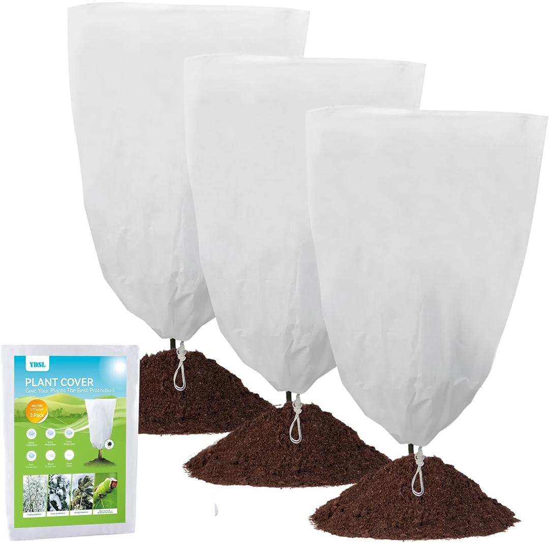 YDSL 3 Pack Plant Covers Freeze Protection, 48"72" 1.77oz/yd Plant Frost Covers for Outdoor Plants Shrub Potted Plants Use, Winter Cloth Plant Tree Cover with Drawstring for Cold Weather