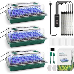 BlumWay Seed Starter Tray with Grow Light,3 Pack 120 Cells Seedling Tray with Humidity Dome/Indoor Grow Kit for Deep-Rooted Seedlings,Adjustable/Timed Light Plant Starter Set