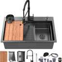 29.5 x 17.7 inch Kitchen Sink, Single Bowl Stainless Steel Multifunctional Drop In Sink Workstation Sink with Pull-Down Faucet and Multiple Accessories (Black Grey)