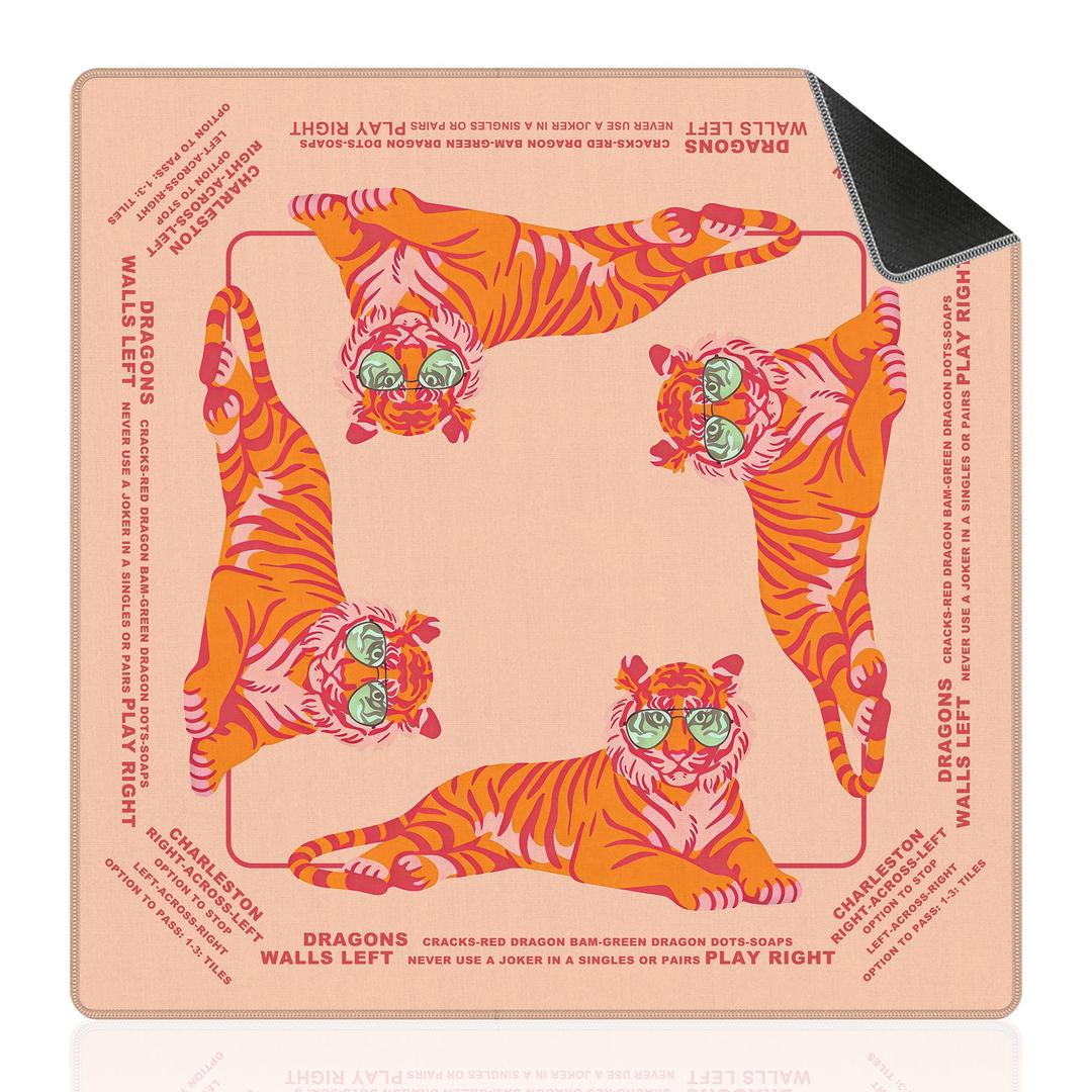 Preppy Pink and Orange Tiger Mahjong Mat with Rules for Table 31.5 X 31.5 in, Mahjong Gifts for Women, Pink and Orange Home Decor Anti-Slip Table Cover Tablecloth (Orange)