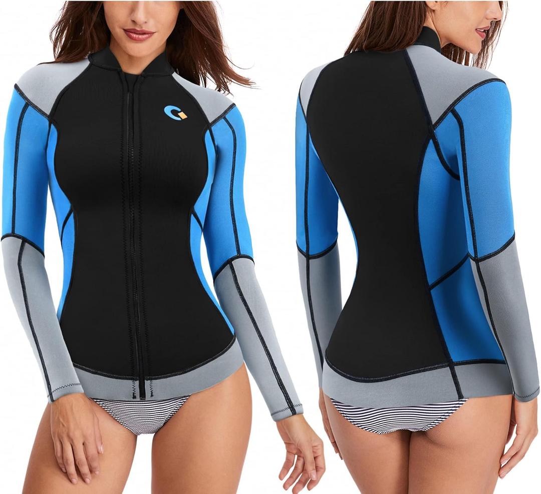 CtriLady Wetsuit Top 1.5mm High-Necked Women Wetsuit Long Sleeve Jacket Neoprene Wetsuits with Front Zipper for Swimming Diving Surfing Boating Kayaking Snorkeling (XX-Large, Blue)