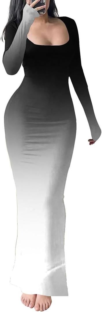 HBQ Women's Bodycon Maxi Dress Long Sleeve Square Neck Lounge Dresses Sexy Night Out Party Dress (Large, Black Gradient)