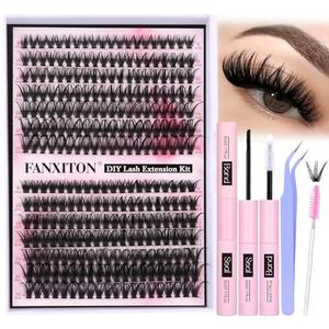 FANXITON DIY Individual Eyelash Extension Kit, Thick Volume Lash Clusters 40D+50D D Curvature, 280 Pieces Thin Band Cluster Lashes with Bond and Seal Tweezers Used