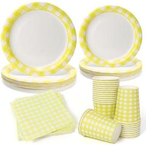 PCLMLES 96Pcs Yellow and White Gingham Plates and Napkins and Cups Plaid Paper Plates for 24 Guest Picnic Wedding Baby Shower Tea Kids Birthday Party Supplies Decrations