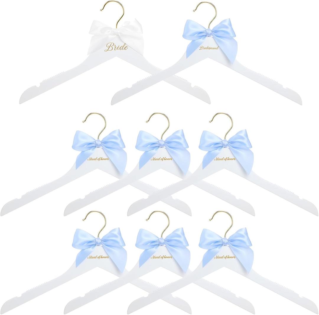 Bride Bridal Bridesmaid Hanger with Maid of Honor White Wooden Wedding Dress Hanger with White Bow and Pink Blue Bow for Bridal Party Shower Wedding Gift (Blue)