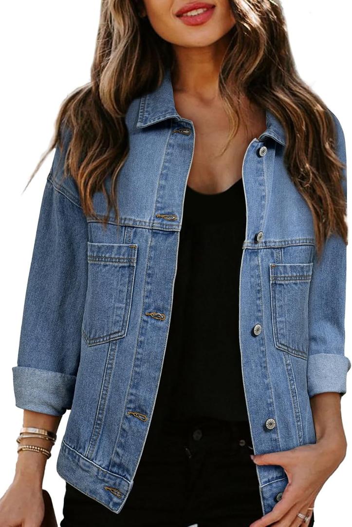 Sidefeel Women's Denim Jackets Casual Long Sleeve Oversized Fall Outfits Jean Jacket (Blue, XXL)