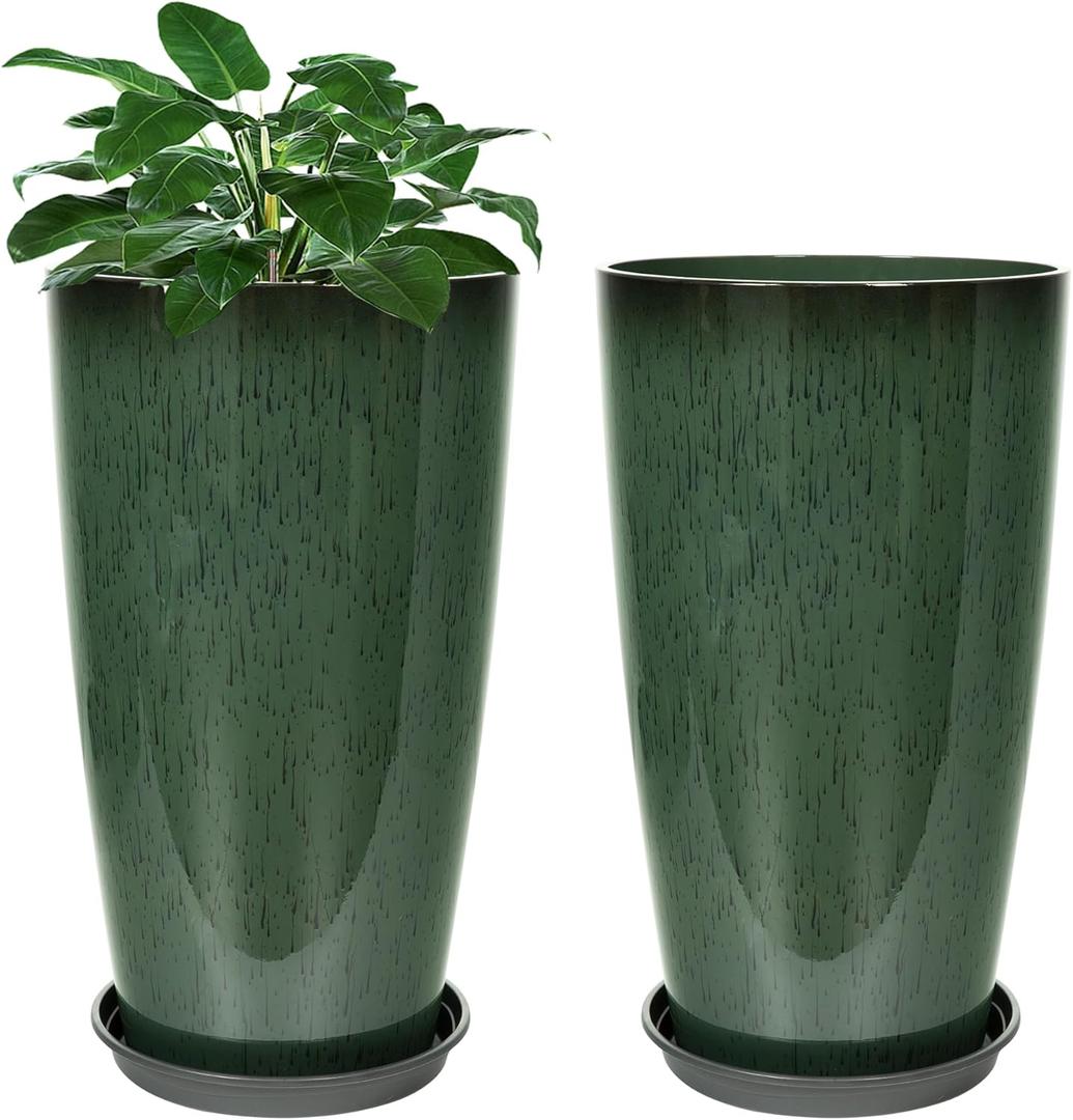 Neoaider Set of 2 Lightweight Ceramic-Look Tall Planter, 21 inch Large Plastic Planter with Drain Hole & Saucers, Large Outdoor Planters for Porch, Garden, Patio, Balcony(Dark Green)