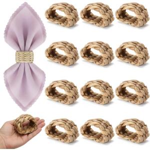 12Pcs Napkin Rings Rattan for Thin Napkins, Handwoven Semicircle Wicker Napkin Holders for Boho Farmhouse Table Decor, for Thanksgiving, Weddings, Easter and Coastal Summer Parties