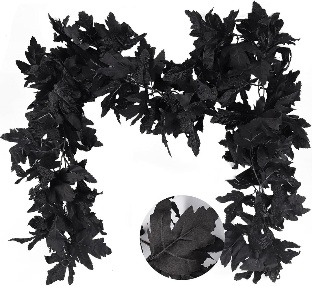 RECUTMS Black Maple Leaf Garland 5.7Ft Artificial Autumn Garland 2Pcs Halloween Hanging Fall Maple Leaves Vines Black Halloween Wreath Fall Foliage Decor for Thanksgiving Indoor Outdoor Wall Mantle