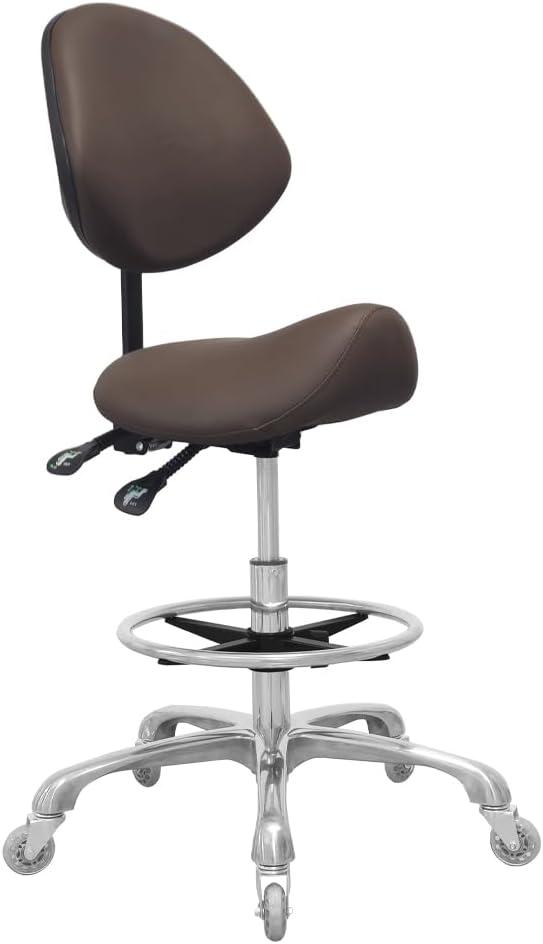 Saddle Stool Chair with Back Support Footrest, Heavy-Duty(350LBS), Hydraulic Rolling Swivel Adjustable Stool Chair for Salon Spa Beauty Massage Dental Clinic Home Office Use (Coffee)