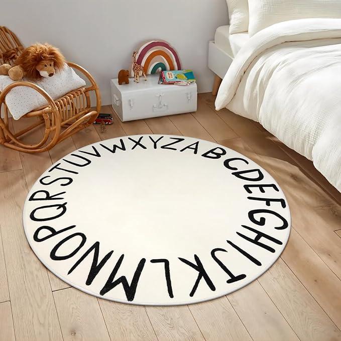 LIVEBOX ABC Play Room Round Rug Alphabet Play Mat, Circle Washable Rug Educationa Nursery Rug for Baby Boy and Girl Room, NonSlip Learning Carpet for Children Playroom Classroom (47",Black,Beige)