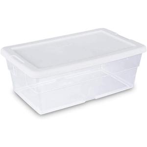 Sterilite 6 Qt Storage Box, Stackable Bin with Lid, Plastic Container to Organize Shoes and Crafts on Closet Shelves, Clear with White Lid, 1-Pack