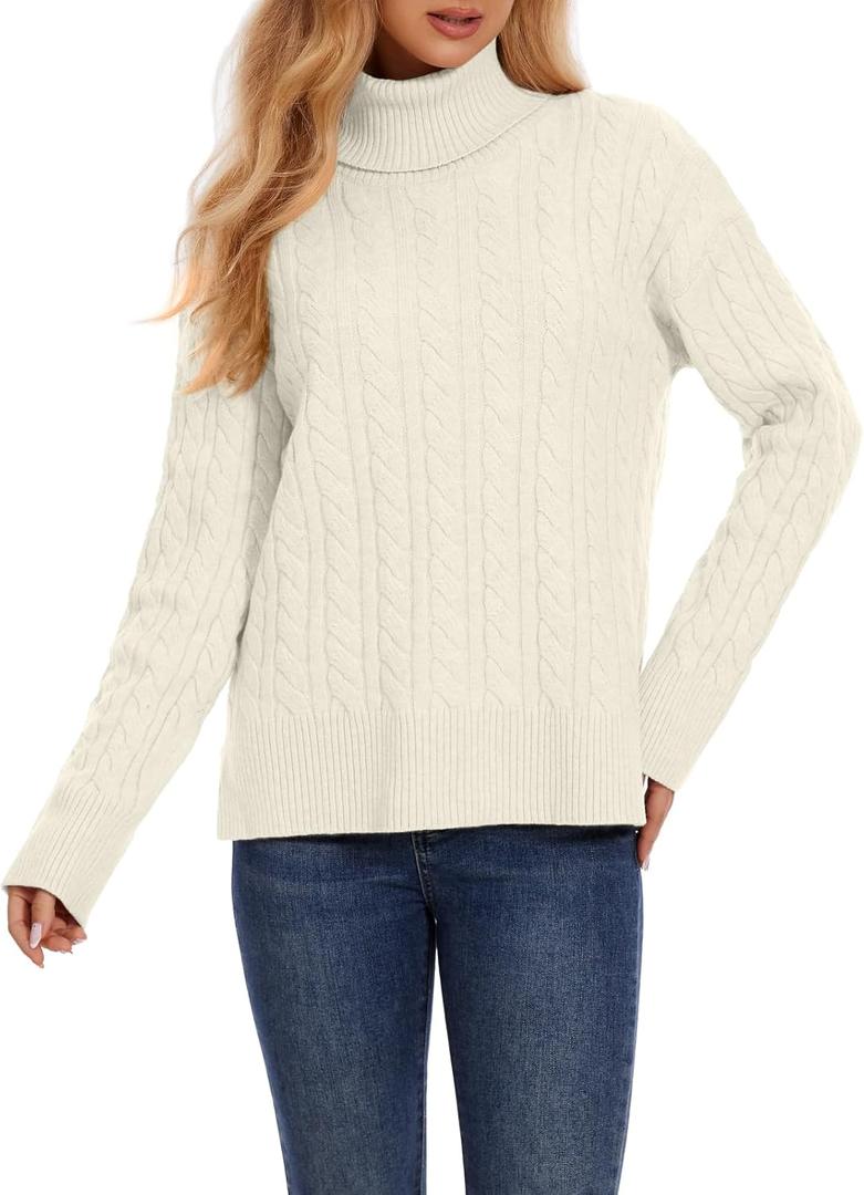 ZANZEA Turtleneck Sweater Women Long Sleeve Oversized Pullover Spilt Hem Chunky Cable Knit Jumper Fall Sweaters 2025 (X-Large, White)