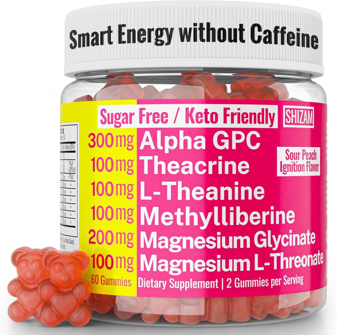 5 x Alpha GPC Teacrine Magnesium L-Threonate & Glycinate Complex L-Theanine Methylliberine Gummies, Caffeine Gum Capsules Pills Supplement Pill Capsule Powder Supplements Alternative, 100mg 200mg 300mg