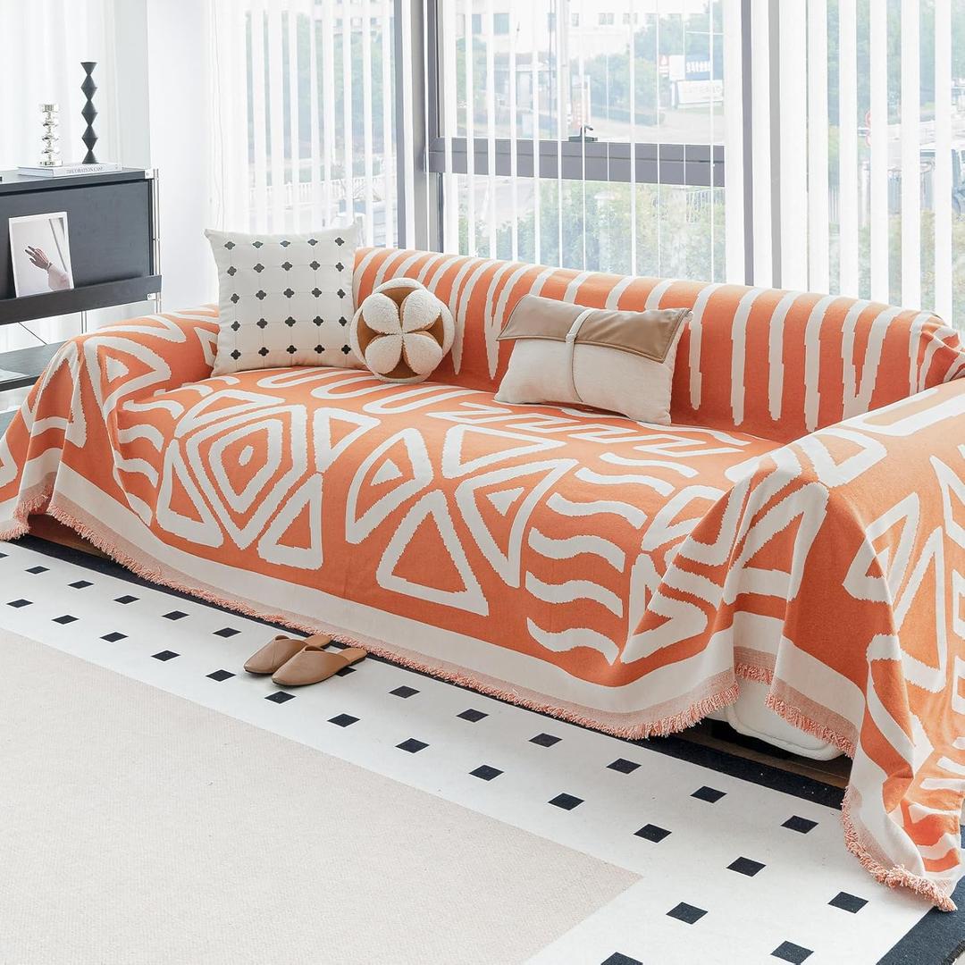 Boho Couch Cover Blanket for Sofas, Boho Chenille Sofa Covers, Bohemia Sofa Throw Cover, Chenille Blanket Couchs Throw Cover for Recliner Couch Cover Pet Friendly Washable, Orange, 71"x 71" 
