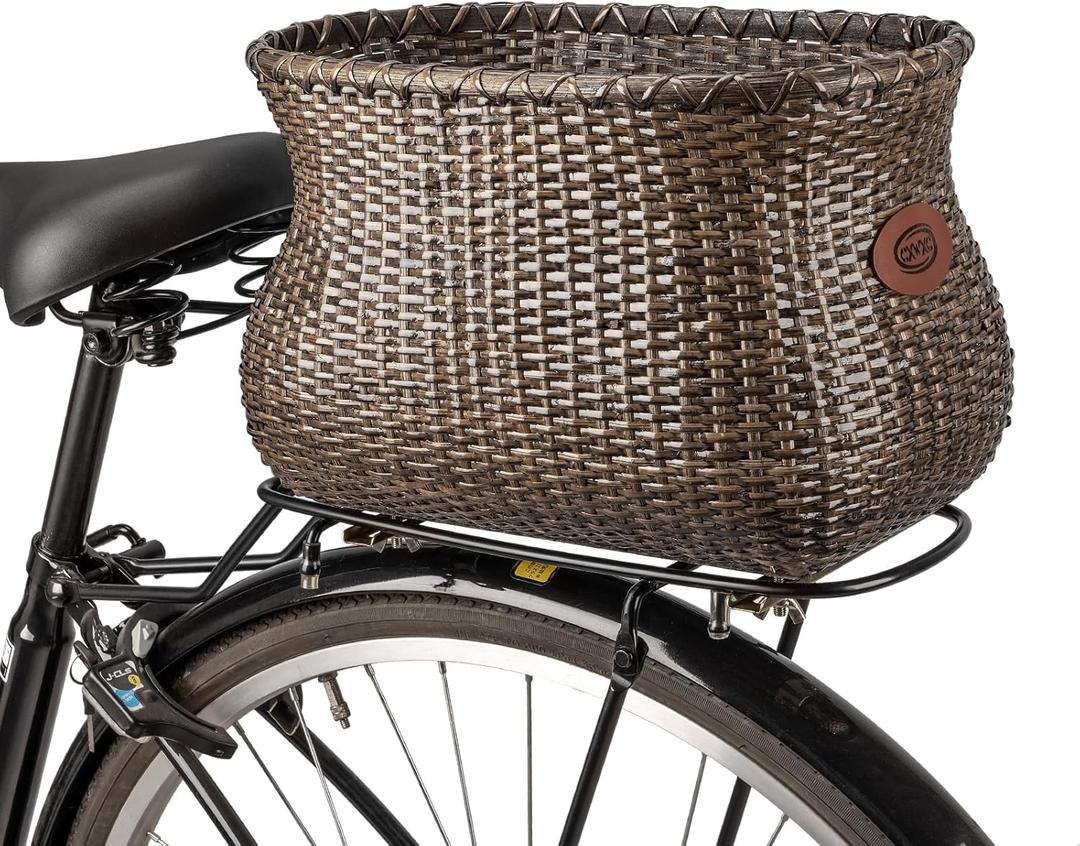 CXWXC Rear Bike Basket - Handmade Rattan Bicycle Rear Basket with Waterproof Cover - Large Capacity Bike Basket for Beach Cruiser (Dark Brown)