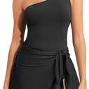 One Piece Swim Dress for Women - One Shoulder Tummy Control Swimsuit with Skirt 2025 Skirted Bathing Suit Swim dress (XX-Large, Black)