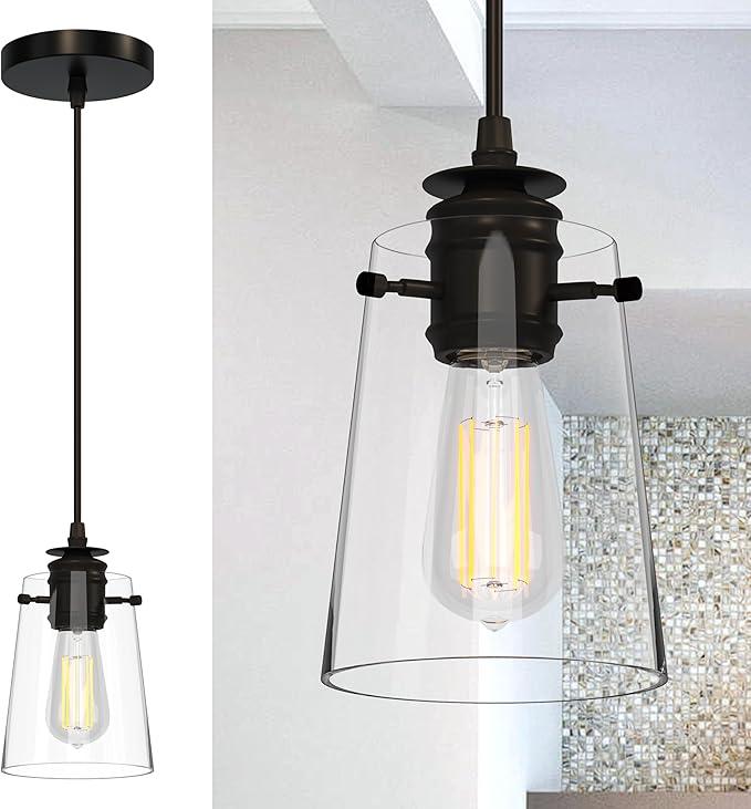 Pendant Lights Kitchen Island, Modern Industrial Pendant Light Fixtures with Glass Shade, E26 Socket Adjustable Cord for Dining Room, Bedroom, Living Room, Farmhouse Pendant Lighting 1Pcs
