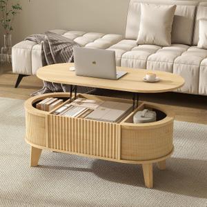 LYNCOHOME Fluted Lift Top Coffee Table with Storage,Modern Oval Coffee Table for Living Room Or Home OfficeNatural, 18.9"D X 38.58"W X 17"H