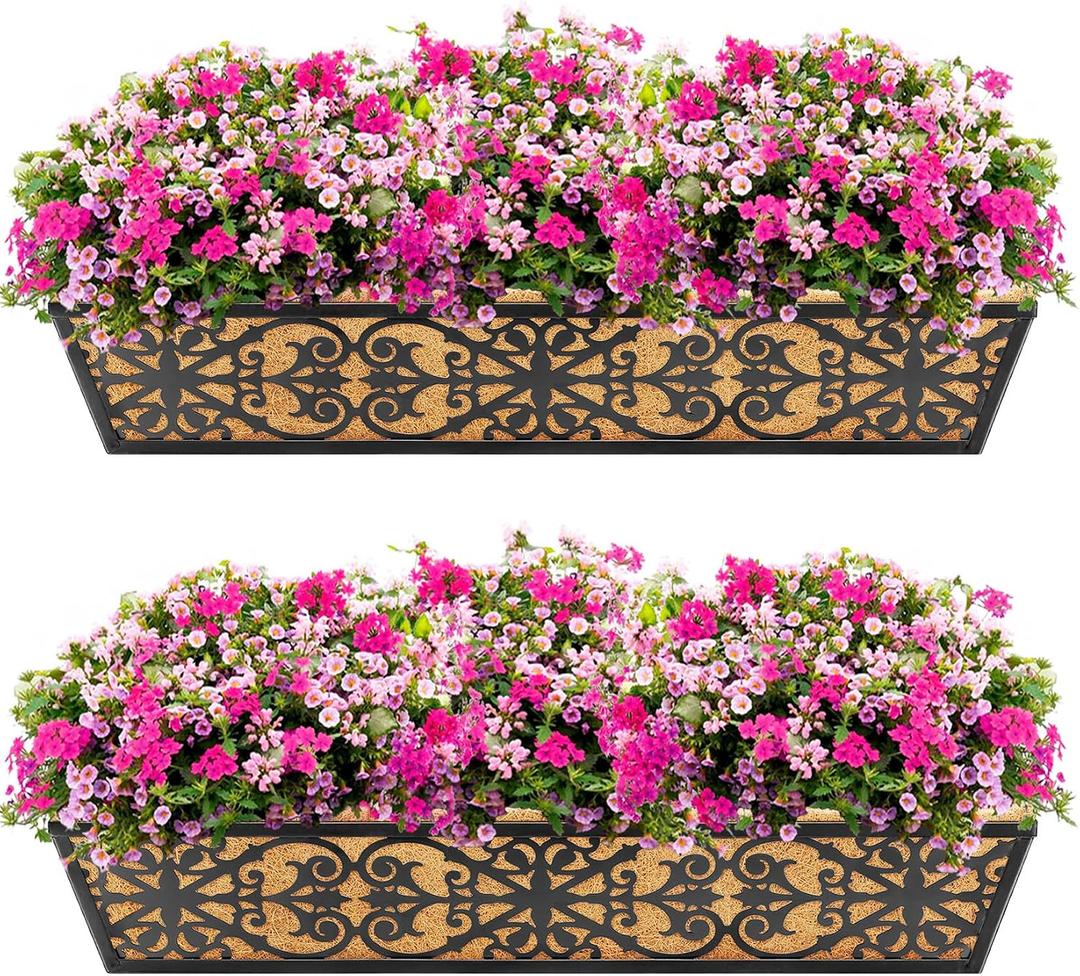 2 Pack 30 Inch Window Boxes Planters Railing Planter Box with Adjustable Brackets & Coco Liners Fabric Plant Grow Bags Deck Railing Planter Boxes Balcony Hanging Flower Box for Outdoor Plants