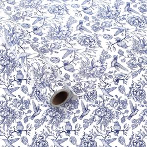 Blue Floral Bird Wrapping Paper Roll - Jumbo Roll - 30in x 32.8Ft Blue White Flowers Bird Pattern Gift Wrap Paper for Wedding, Birthday, Baby Shower, Mother's Day and Bouquet Flower