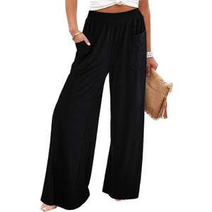 GRAPENT Wide Leg Pants for Women High Wasited Baggy Palazzo Pants Casual Pull On Bell Bottom Smocked Elastic Waist Pants (Large, Black)