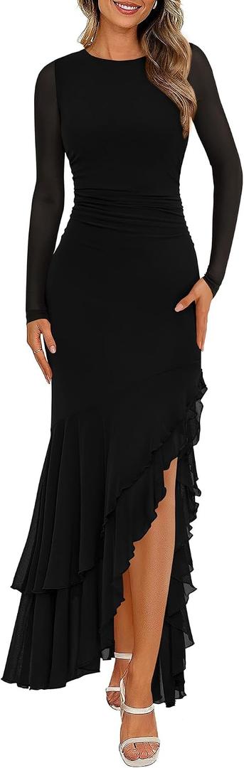 BTFBM Women's Maxi Dresses Spring 2026 Long Sleeve Ruched Bodycon Solid Ruffle Mermaid Cocktail Wedding Guest Dress (Black, L)
