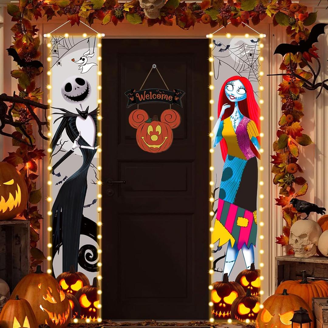 Nightmare Christmas Halloween Decor Jack Skellington Sally Lighted Banners Porch Sign Decorations Before Christmas Welcome Halloween Outdoor Party Banners