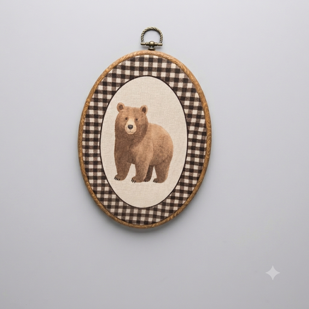 QZQE Bear Nursery Oval Wall Art Decor Framed, Kids Room Oval Canvas Prints, Neutral Gingham Bear Wild Animal Nursery Wall Hanging Decor for Kids Baby Toddler Boy Room Bedroom Playroom, 8.6x11.4 Inch