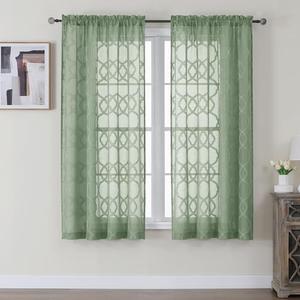 OWENIE Sheer Green Curtains 45 Inch Length 2 Panels, Geometric Jacquard Clip Textured Curtains for Small Window, Modern Elegant Bathroom Panels/Drapes, Each 42x45 Inch
