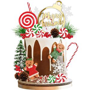 Merry Christmas Cake Topper Gingerbread Man Cake Decorations Candy Cane Pine Needle Snowflake for Christmas Theme New Year