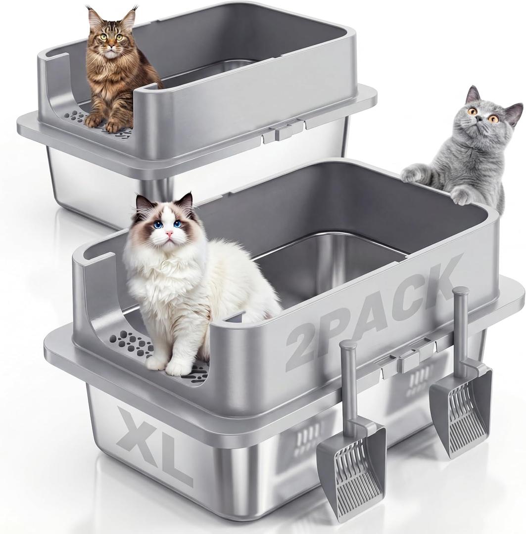 Jotesnew 2 Pack XL Stainless Steel Cat Litter Box with Lid and High Sides, 24" L x 16" W x 12" H Extra Large Metal Cat Litter Boxes for Big Cats, Leak-Proof, Non-Stick, Odor-Resistant, Includes Scoop
