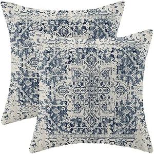 Gohdiwh Boho Pillow Covers 18x18 Set of 2, Ethnic Design Decorative Throw Pillows Linen Blue Carpet Pattern Farmhouse Cushion Pillow Covers for Sofa Couch Outdoor