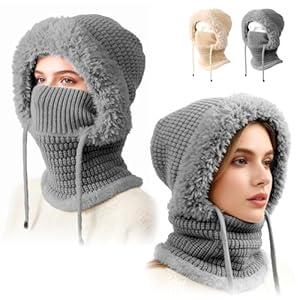 3 in 1 Beanie Hat for Women, Womens Balaclava Winter, Upgraded 3-in-1 Cold Knitted Hats Wind Resistant Hooded Scarf(Gray)