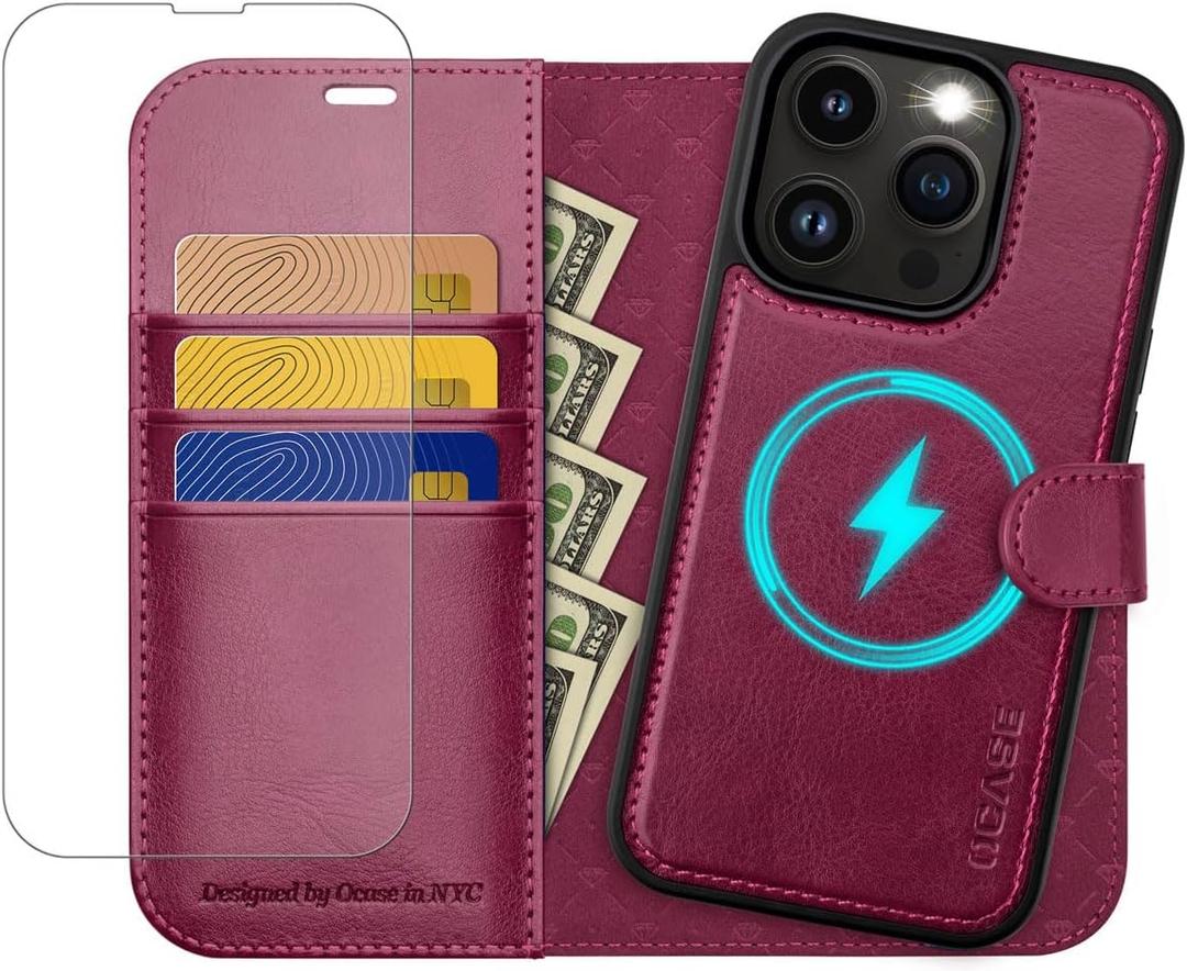 OCASE for iPhone 13 Pro Detachable Wallet Case with Card Holder, [2 in 1] PU Leather Flip Folio Case with RFID Blocking Magnetic Stand Removable Shockproof Phone Cover 6.1 Inch, Burgundy