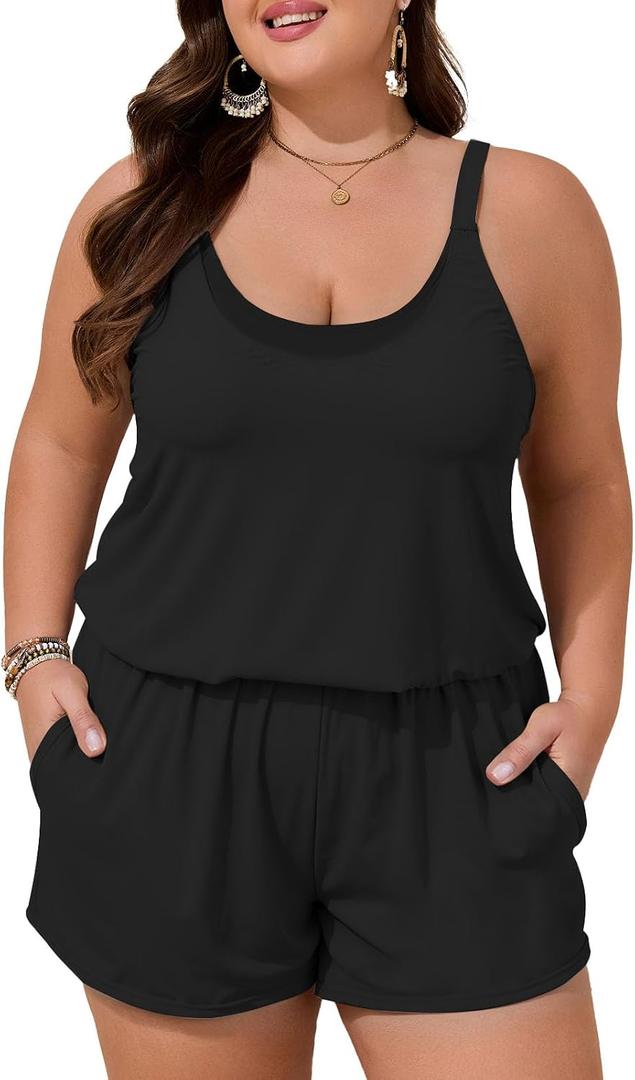 Summer Mae Plus Size Swim Romper Women One Piece Swimsuit Blouson Bathing Suit with Pockets 2026 Modest Swimwear (Black, XL)