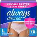 Always Discreet Adult Diapers for Women, Incontinence Underwear, Drier Than Depends, Postpartum Essentials, Disposable Briefs, Max Absorbency, Bladder Leak Protection, Large, 76ct