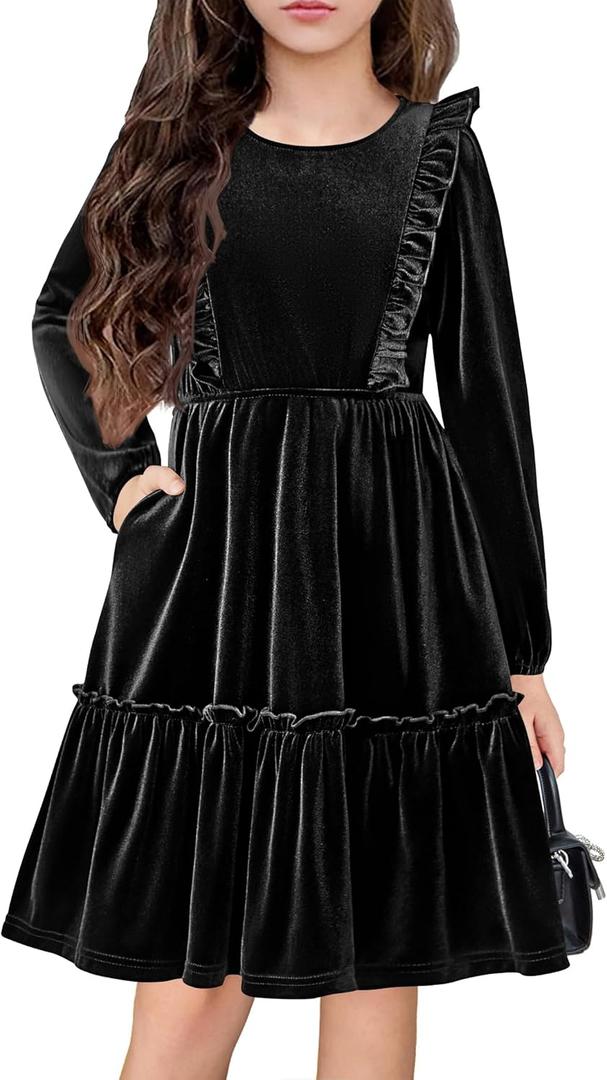 Arshiner Girls Dress Long Sleeve Ruffled Hem Casual Velvet Dress with Pockets 5-14 Years (7-8 Years, Black)